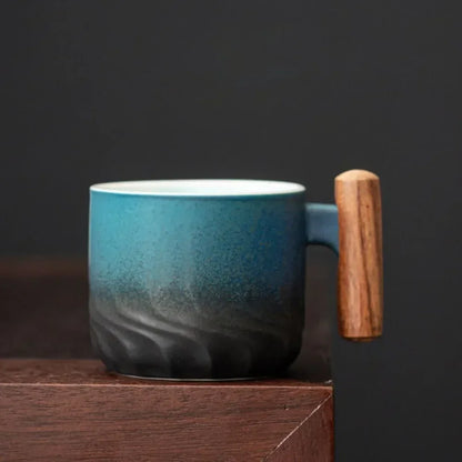 80ml Ceramic Retro Coffee Cup Office Water Cup Filter Tea Mug Wooden Handle Coffee Mug Handmade Tea Coffee Cup Birthday Gift