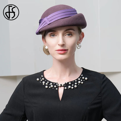 FS Elegantní mlýnská fascinátor Beret Wool Hats pro ženy Svatební kostel Čajový večírek Cap Box Cap Ladies 2023 Fedoras Chapeau Femme