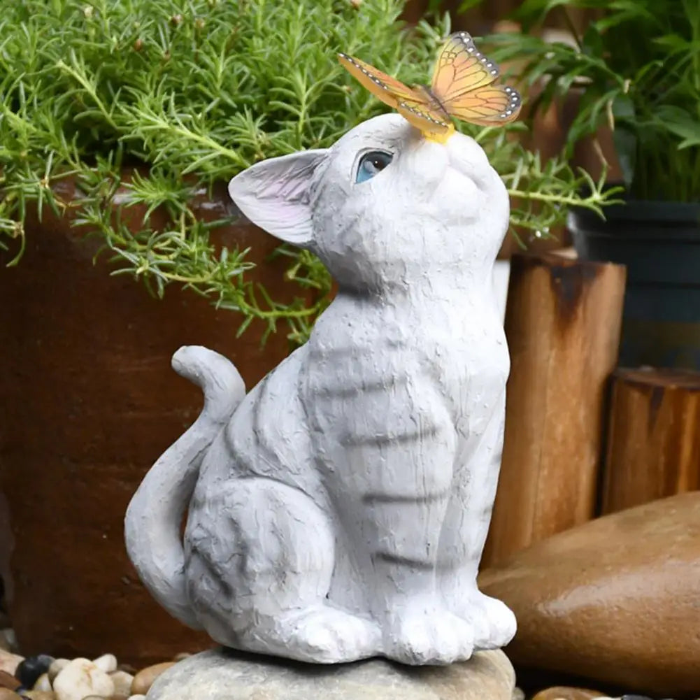פסל חתול בעבודת יד פוזות פעילות אור סולארי כלול קישוט חתול פיסול חתול עם קישוט גן ביתי אור סולארי