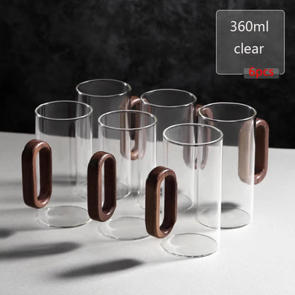 2/4/6pcs Glass Mug With Wooden Handle Heat-resistant Teacup Set Transparent Breakfast Milk Juice Cup Home Party Drinkware