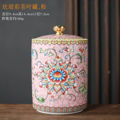 European Style Colored Flower Crown Ceramic Jar with Lid Cylindrical Sealed Tea Pot Porcelain Storage Jar Candle Bottle Decor