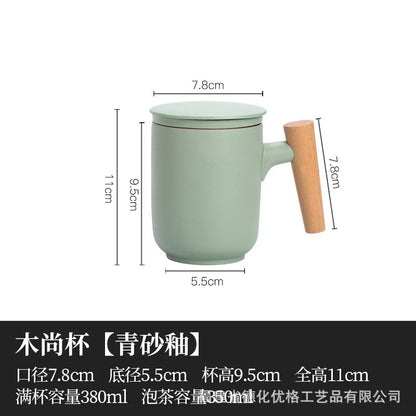 380ml Teacup Mugs With Dustproof Lid Tea Filter Heat Resistant Tea Infuser Coffee Cup Infuser Filter Wooden Handle Personal Mug