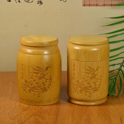 Handmade Bamboo Tea Storage Box Chinese Carved Tea Canister Lid Seal Kitchen Storage Jars Accessories Spice Box Organizer
