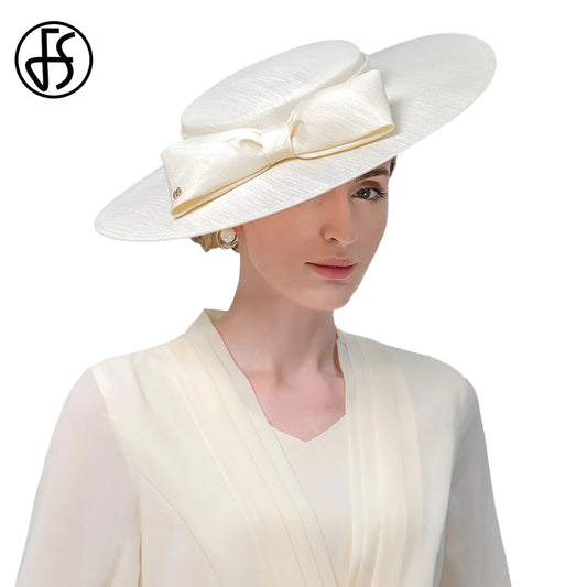 Fs elegante breite Krempe Elfenbeinhüte für Frauen Big Bogen formelle Anlässe Kentucky Cap Lady Hochzeit Cocktail Party Flat Top Fedoras 2024