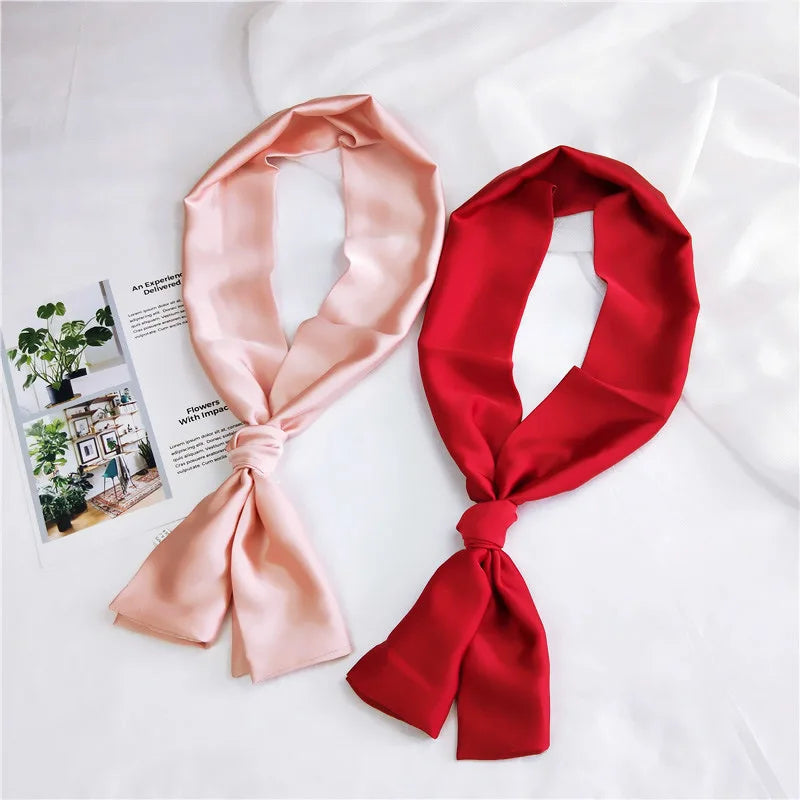 Divat nyakkendő nők fejpántos hajkendő selyem szatén táska sálak nő 145*15 cm hosszú csomagolás fekete piros rózsaszín sál hölgyek számára