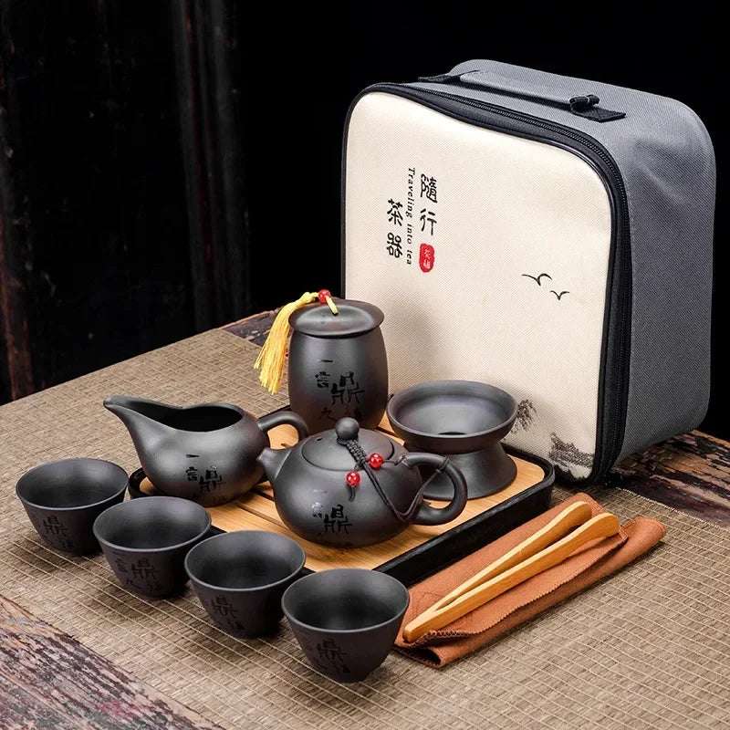 Chinese Kung Fu Tea Set Sand Ceramic Teapot Set Travel Kong Fu Tea Kit Gift Porcelain Purple Sand Pot Infuser Ceramic Tea Set