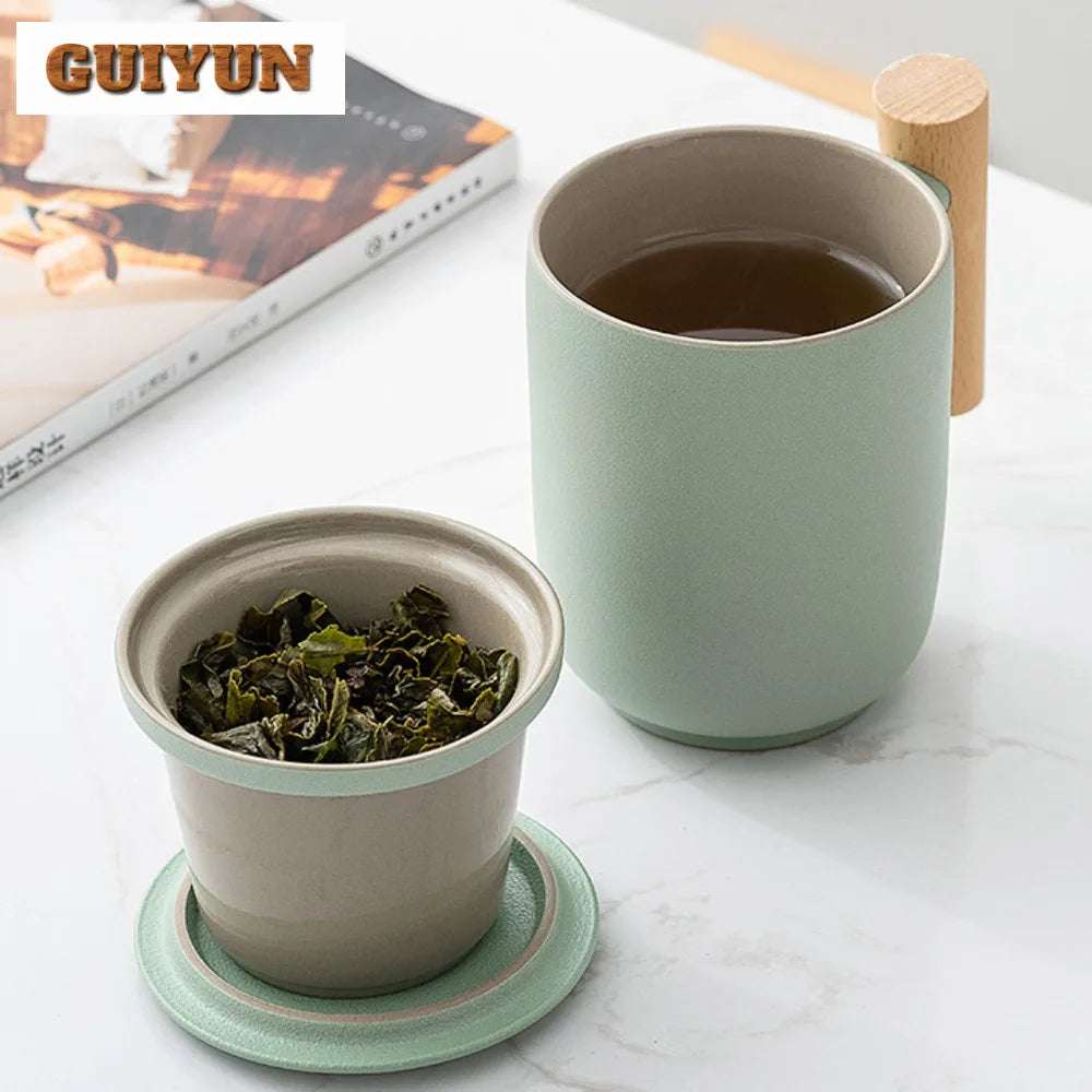 380ml Teacup Mugs With Dustproof Lid Tea Filter Heat Resistant Tea Infuser Coffee Cup Infuser Filter Wooden Handle Personal Mug