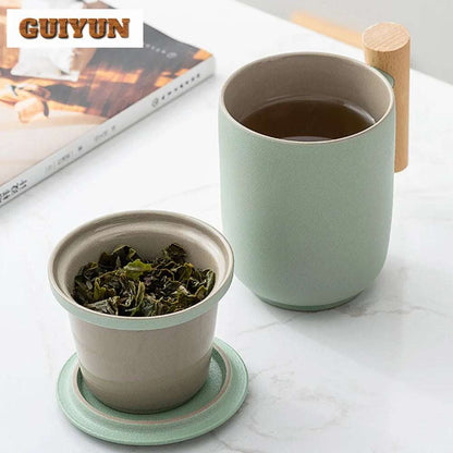 380ml Teacup Mugs With Dustproof Lid Tea Filter Heat Resistant Tea Infuser Coffee Cup Infuser Filter Wooden Handle Personal Mug