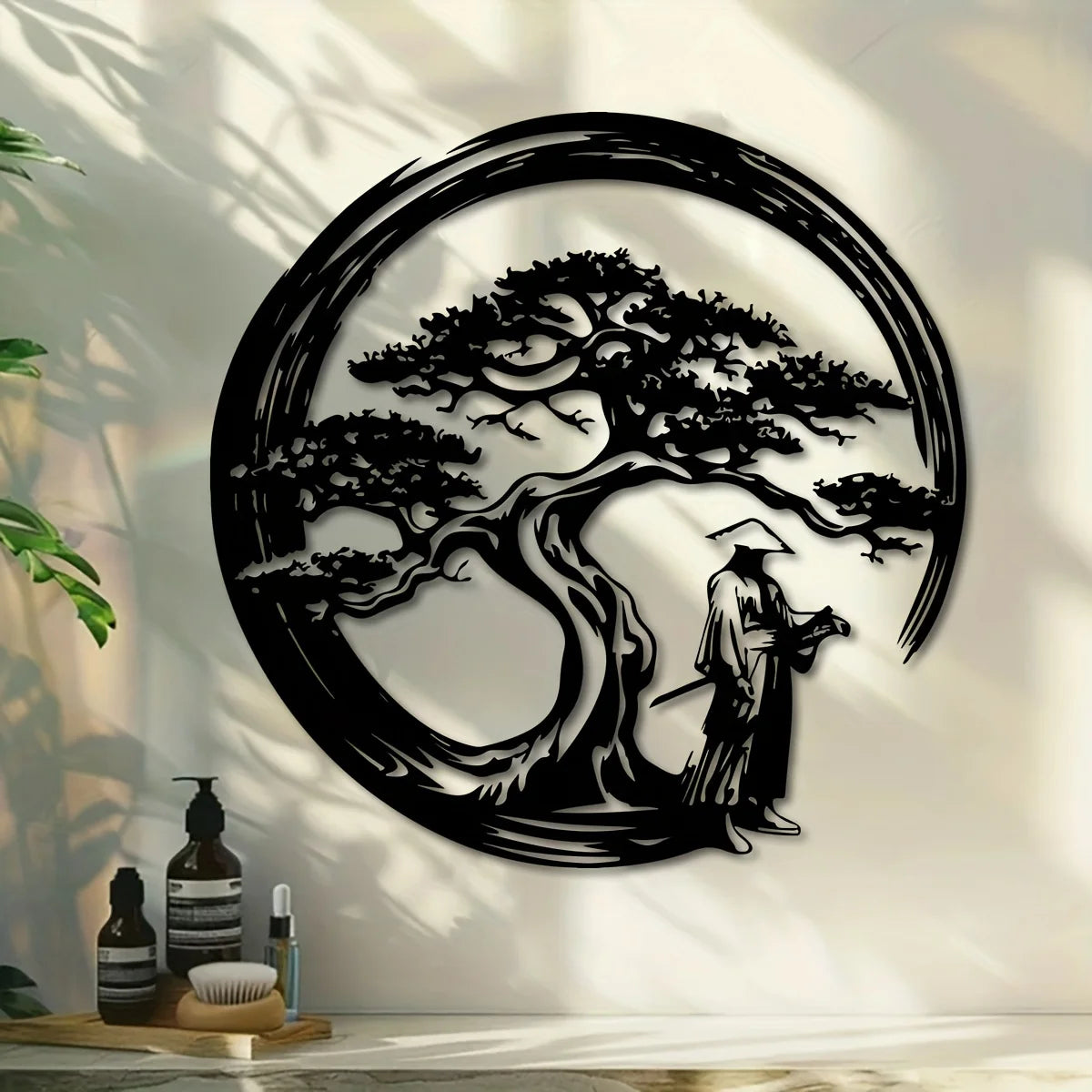 Japanese Bonsai Tree Metal Wall Art 15.7x15.7 Tori Gate Enso Cutout Creative Modern Home Accent Unique Housewarming Gift