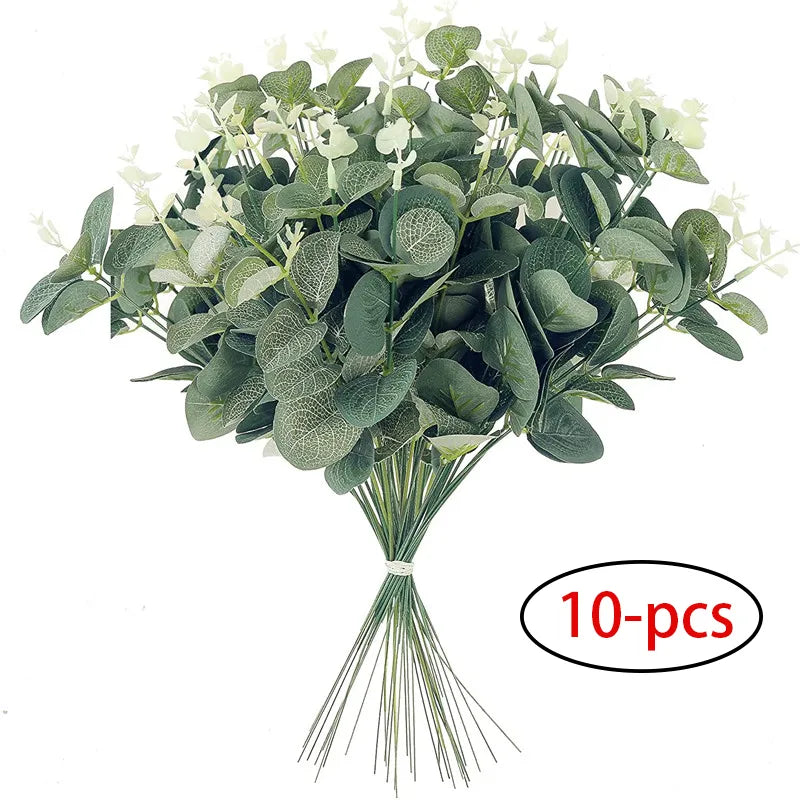 10pcs 12 ”Eucalyptus sai do ramo de ramificação Plantas plásticas folhas de caules verdes casamentos FAUX FLORES FALSO