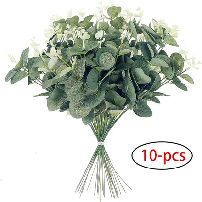 10stk 12 ”eucalyptus forlader flokgren Kunstige plastplanter blade grønne stængler bryllup faux falske blomster kage diy indretning
