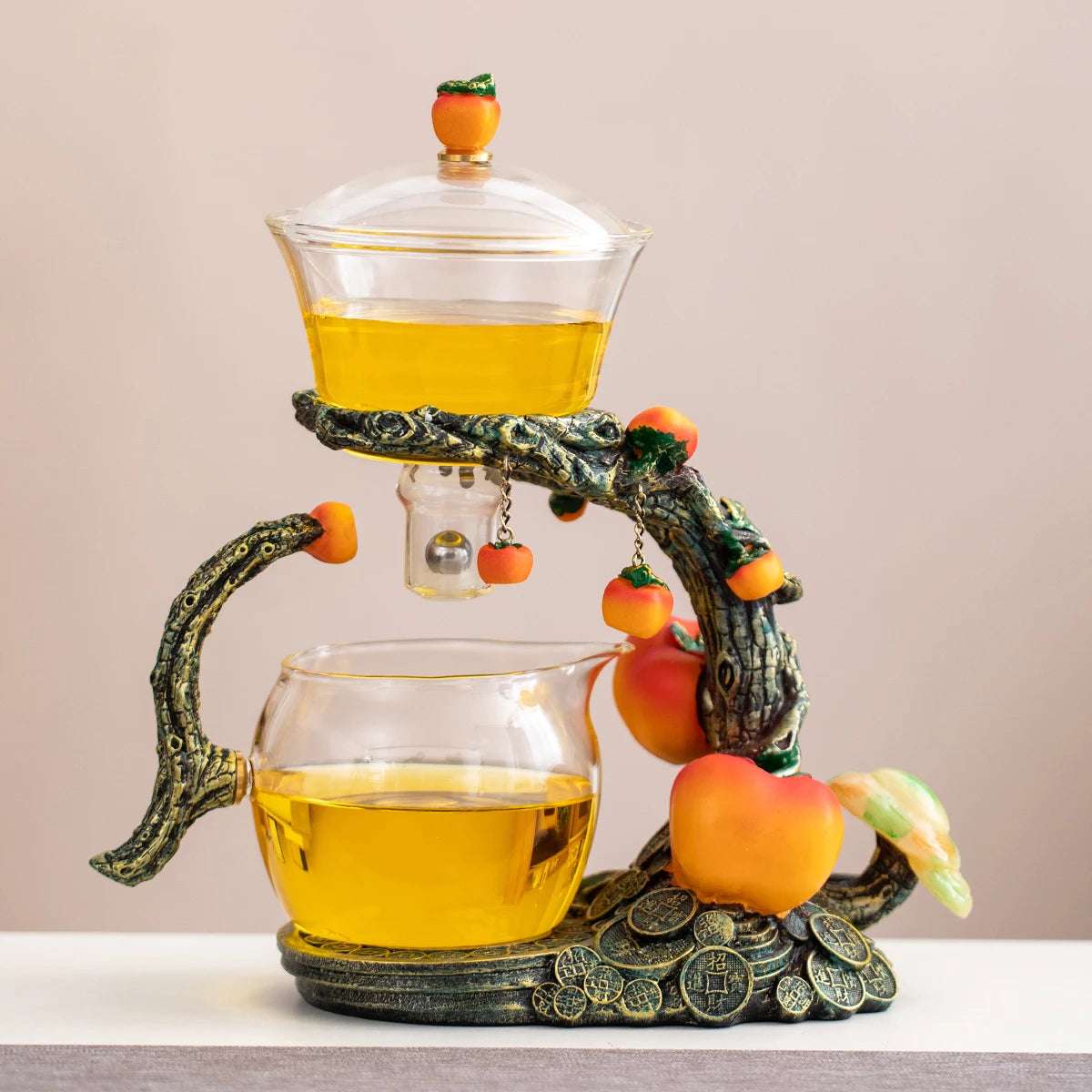 1 Set of Magnetic Lazy Tea Set - Automatic Persimmon Glass Teapot, Tea Cup, Tea Canister, Tea Tray Ideal gift for tea lovers