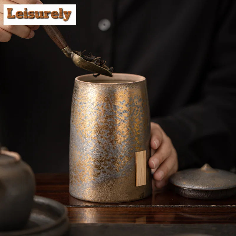 Retro Gilded Iron Glazed  Tea Box Organizer Bamboo Hat Moisture-proof Storage Tank Containers Tea Caddy Chinese Tea Set Craft