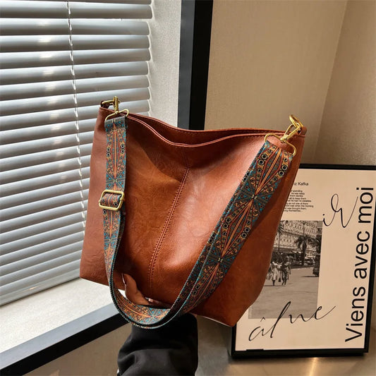 Dámské módní ramenní smyčkový taška vintage hnědá pu kožená vysoká kapacita Jednoduché široké popruhy kbelík křížení ženské dojíždějící tašky