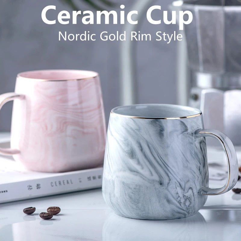 Ceramic Cup Nordic Gold Rim Coffee Oatmeal Breakfast Heat Insulation Cup Marble Pattern Solid Color Creative Personality Mug