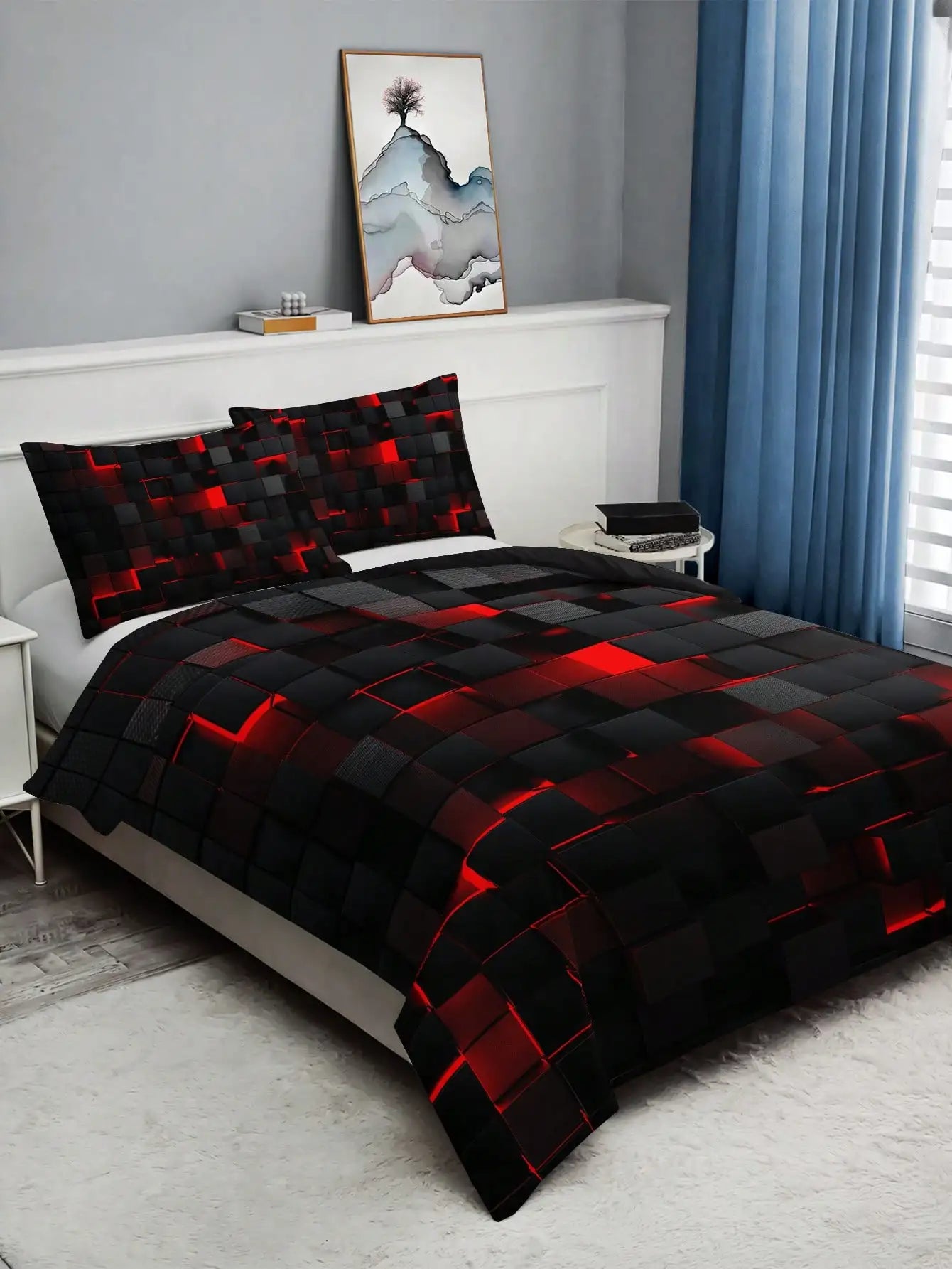 Tehnološki stil crvene rešetke kompleta za pokriće, uključujući 1 kombinirani poklopac i 2 jastučne kocke pogodne za uporabu kuće i spavaonice