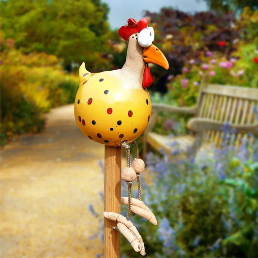 Smiješna piletina s velikim očima dugačka zanata za obrt za nogu statue Statup drveni ulog Uredba Kokos skulptura vrtna ograda zaliha umjetnosti