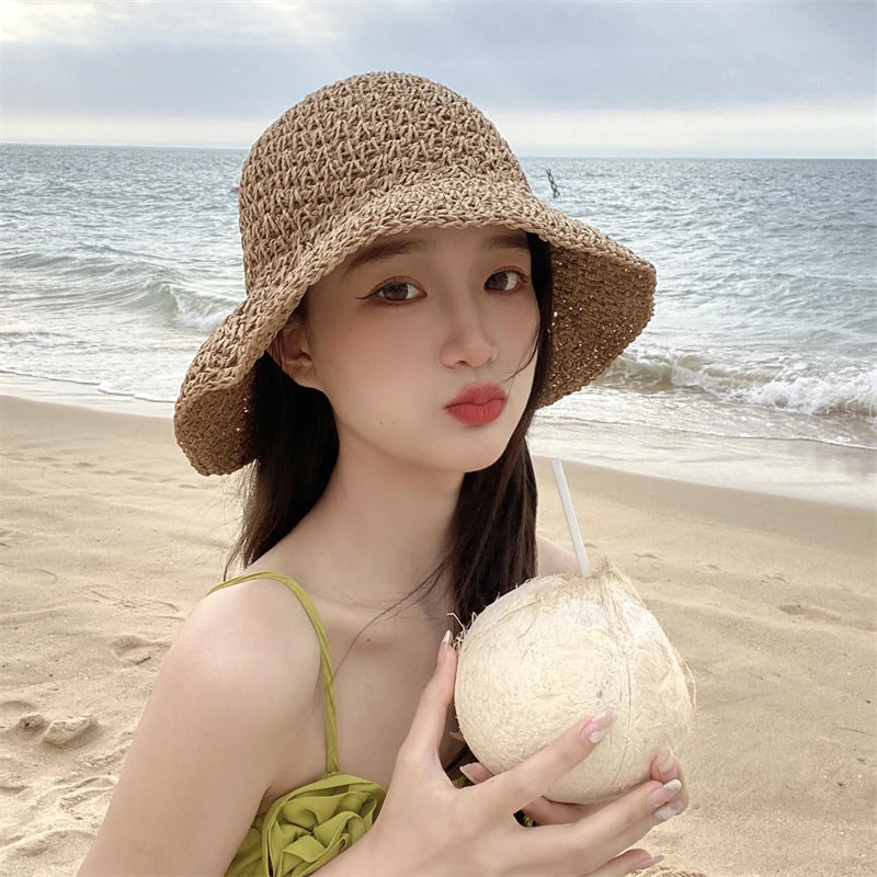 Kvinners stråhatt koreansk versjon av tidevannsmerket alt japansk sommer tynn stil solhatt blonder bue uthulet ut hatt