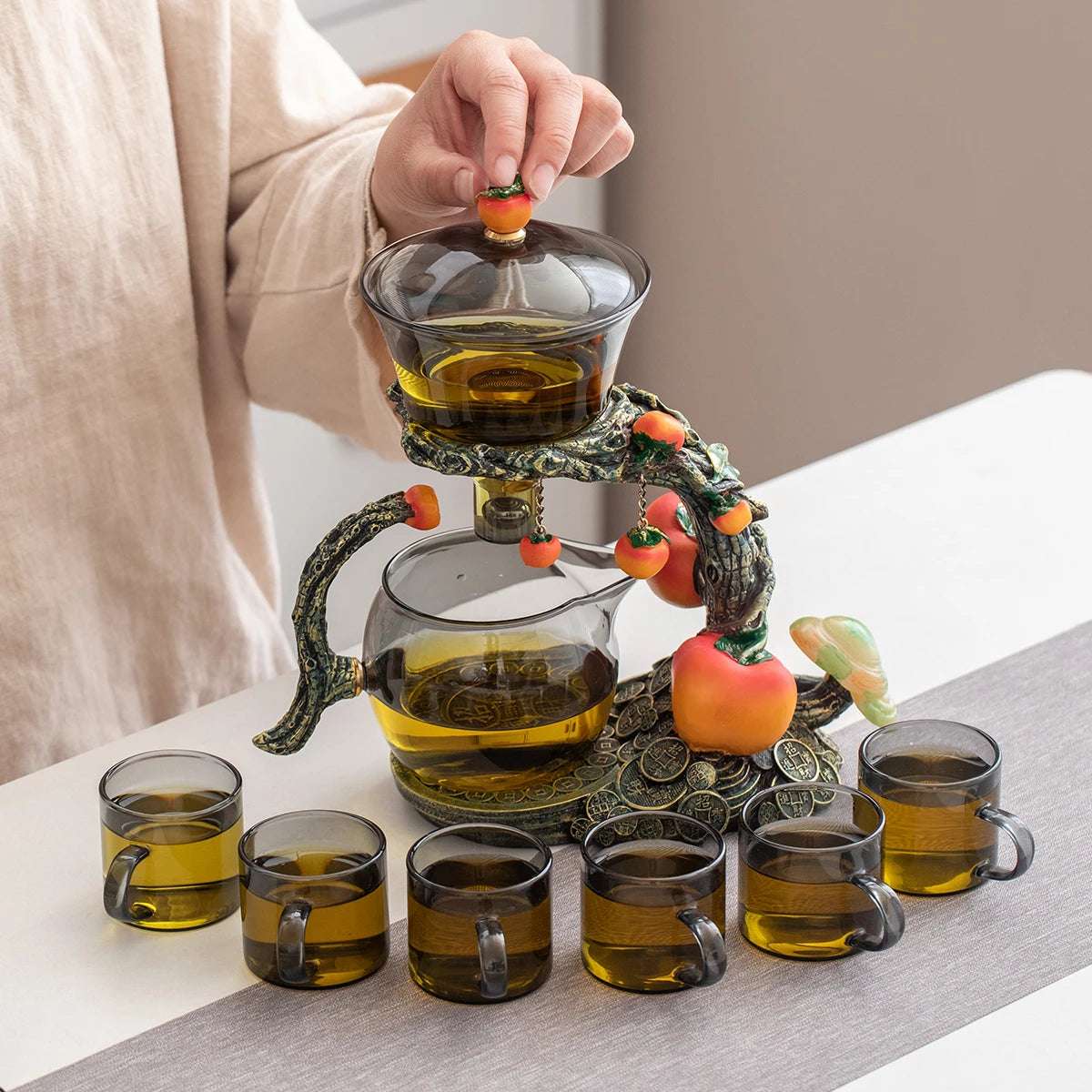 1 Set of Magnetic Lazy Tea Set - Automatic Persimmon Glass Teapot, Tea Cup, Tea Canister, Tea Tray Ideal gift for tea lovers