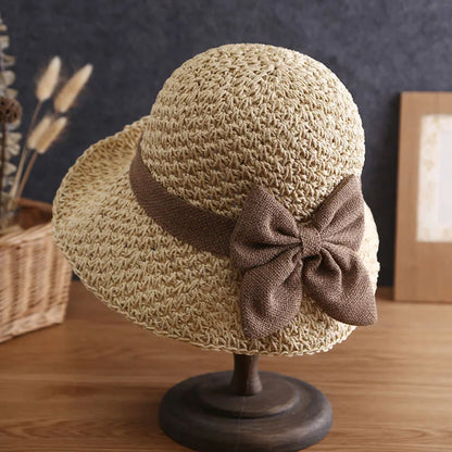 קיץ לנשים פנמה כובע קש בעבודת יד 9 ס"מ שולי קשת גרסה קוריאנית סאן חתול חוף מזדמן כובע נסיעות כובע כיפה מתקפל