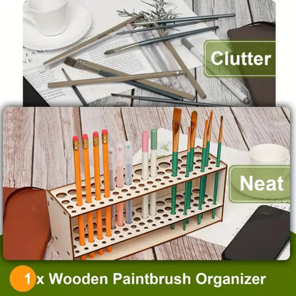 67-Slot Premium Wooden Brush Holder - Durable Artist Desk Organizer, Pencil & Paint Brushes Storage, Elegant Art & Craft Supplie