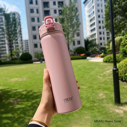 Tyeso 600/750ML Thermos Bottle With Straw Stainless Steel Car Thermal Cup Sports Water Bottles Keeps Cold and Heat Thermal Mug