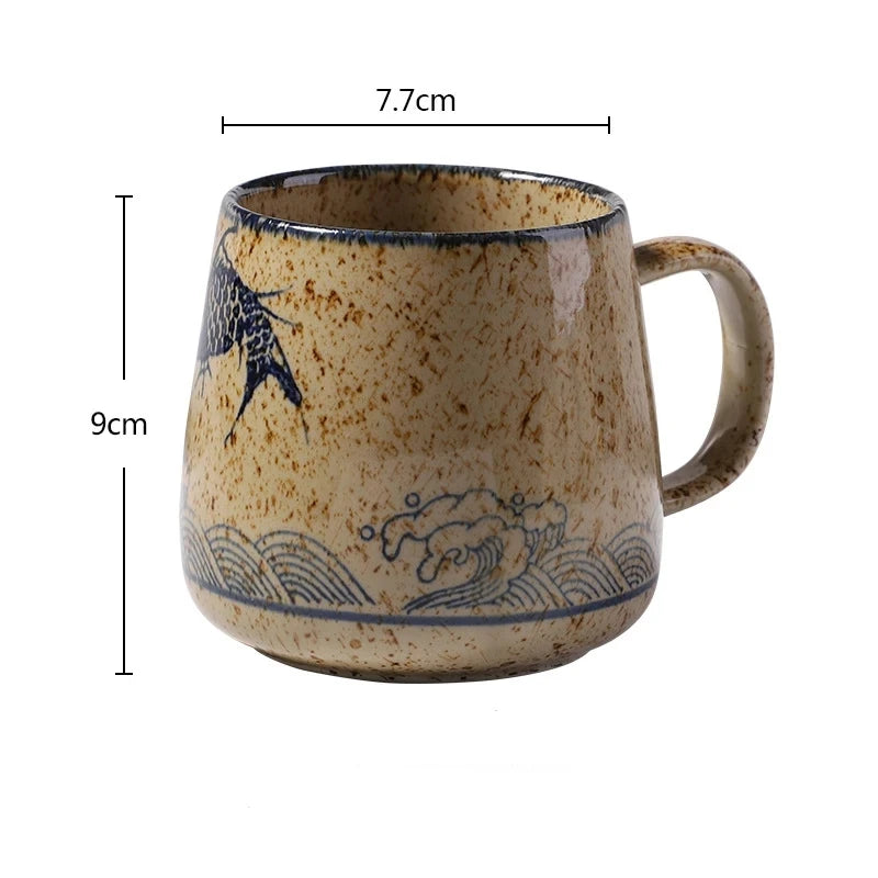 380ml Japanese Retro Style Coffee Mug With Handle Ceramic Breakfast Oats Milk Cups Home Teacup Water Mug With Lid And Spoon Gift