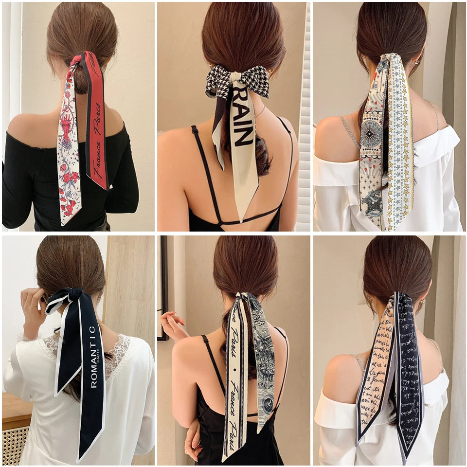 2023 New Fashion Silk Scarf Hair Band Long Ribbon Bow Lettre d'impression coréenne Écharpe Scure de coiffure Femme Ponteur de cheval Accessoires de cheveux