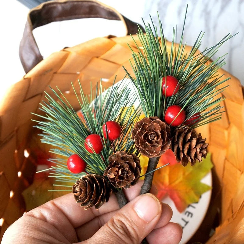 10Pcs Mini Simulation Christmas Pine Picks Stems Artificial Pine Needle Berry Plant for Xmas Party Home Decor Hanging Pendant
