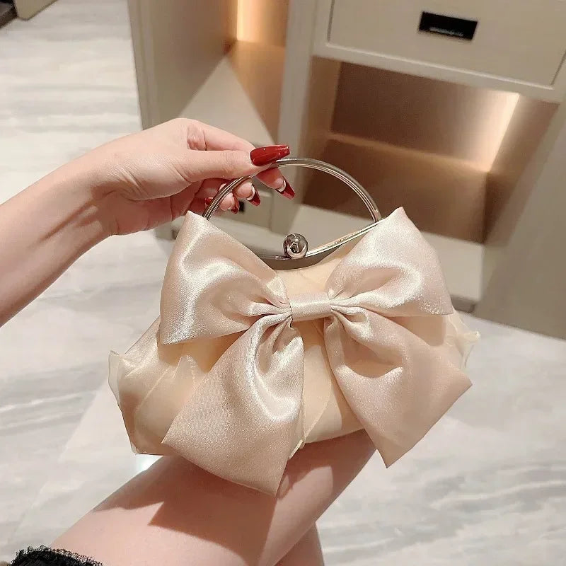 White Satin Bow Fairy Evening Bags Clutch Metal Handle Handbags for Women Wedding Party Bridal Clutches Purse Chain Shoulder Bag Silver