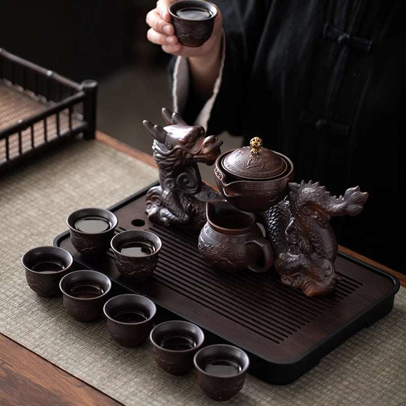 1 set, creative lazy tea set, semi-automatic dragon teapot, magnetic rotating water-conducting tea set, Chinese Kung Fu tea set