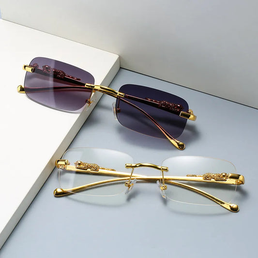 Neue Randrechteck Vintage Metall Leopardenkopf Sonnenbrille Mode rahmenlose getönte Brillenschatten für Frauen Männer