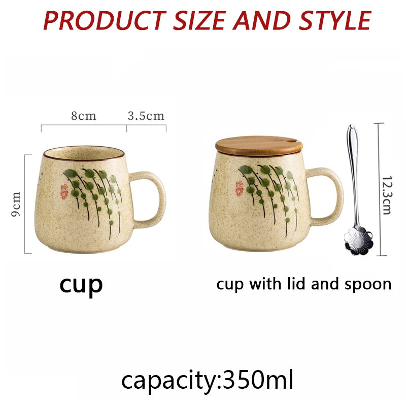 380ml Japanese Retro Style Coffee Mug With Handle Ceramic Breakfast Oats Milk Cups Home Teacup Water Mug With Lid And Spoon Gift