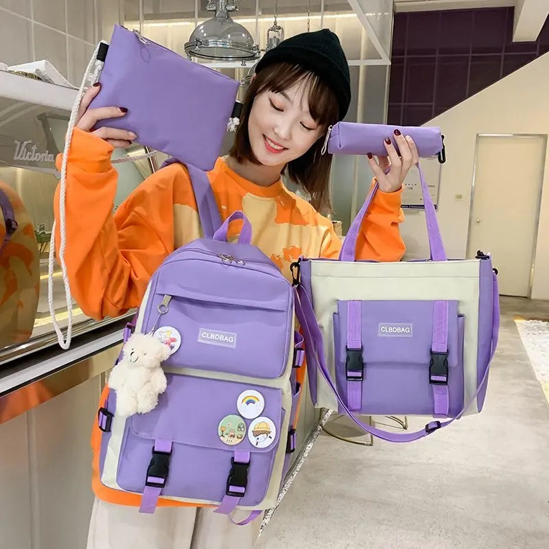 5 -teilige Set -Schultaschen für Teenager -Mädchen Leinwand Feste Farbe Frauen Rucksack weiblicher Teenager Schoolbag
