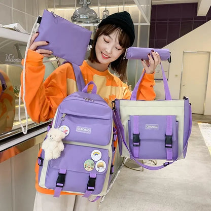 5 copa të vendosura çanta shkollore për vajzat adoleshente kanavacë me ngjyra të ngurta gra shpine backpack femra shkollore studentore adoleshente