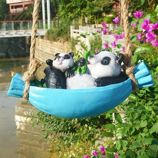 Swing Panda szobor anya és baba panda a swing gyanta szimulációja állati kerti szobor