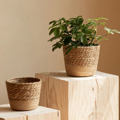 Mandbladen bloempotten bedekken opslag mand plantencontainers handgeweven mand plantenstro bonsai container