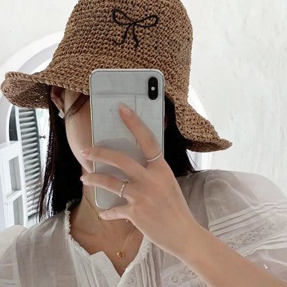 Naisten keula Kont Straw Hat Japanilainen Y2K Fashions UV Aurinkovoidetta Beach Hat kudonta kauhan hattu Naisten aurinkokorkki rantatarvikkeet