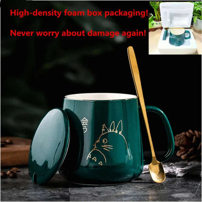 400ml New Product European Style Light Luxury Gold-painted Ceramic Coffee Mug with Lid Spoon Water Cup Cartoon Mug