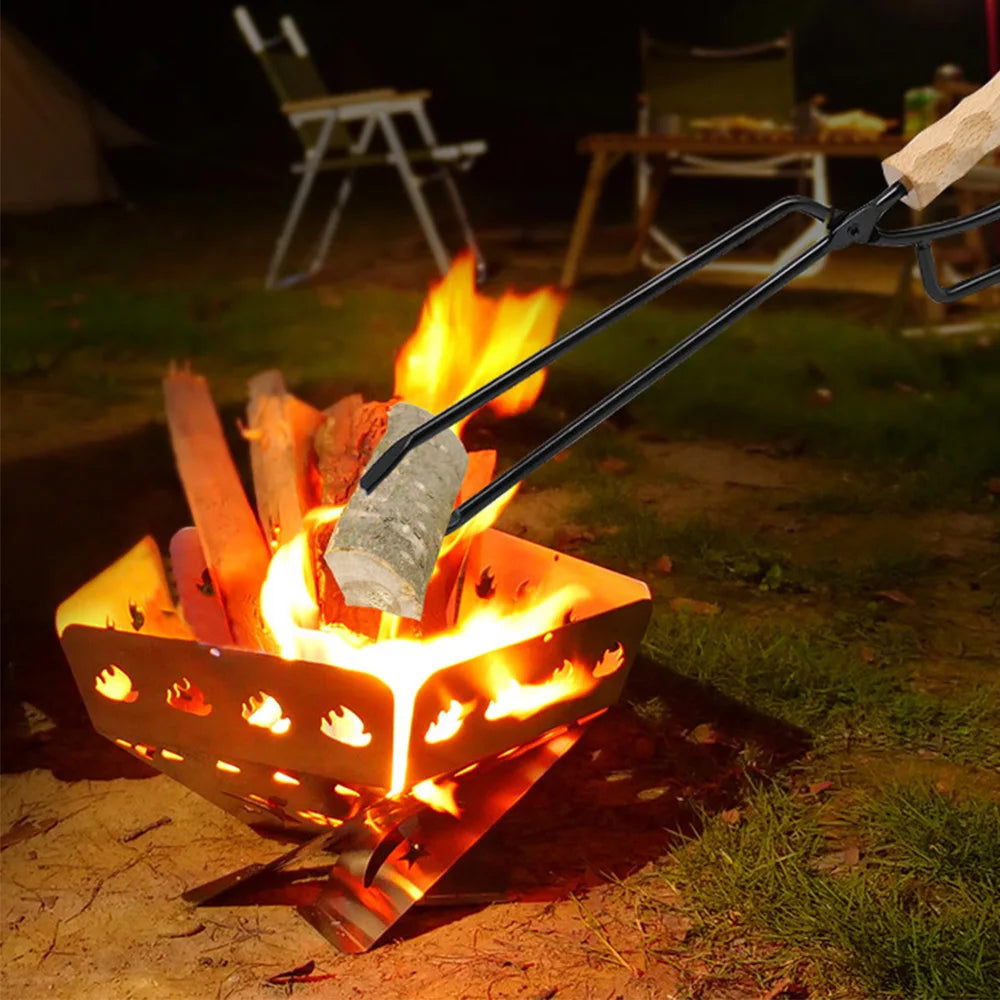 Metal Camping Barbecue pinça de alça longa alicate a carvão Firetongs Fartela de madeira Piculadores